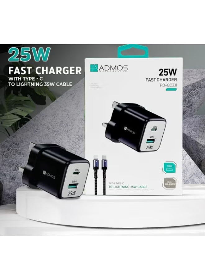 ADMOS 25W Fast Charger with Type-C to Lightning 35W Cable PD+QC3.0