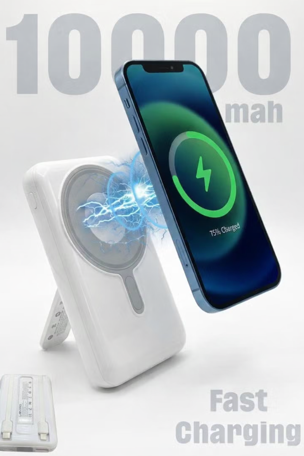 10000mAh Wireless MagSafe Power Bank with Built-in Cables - White