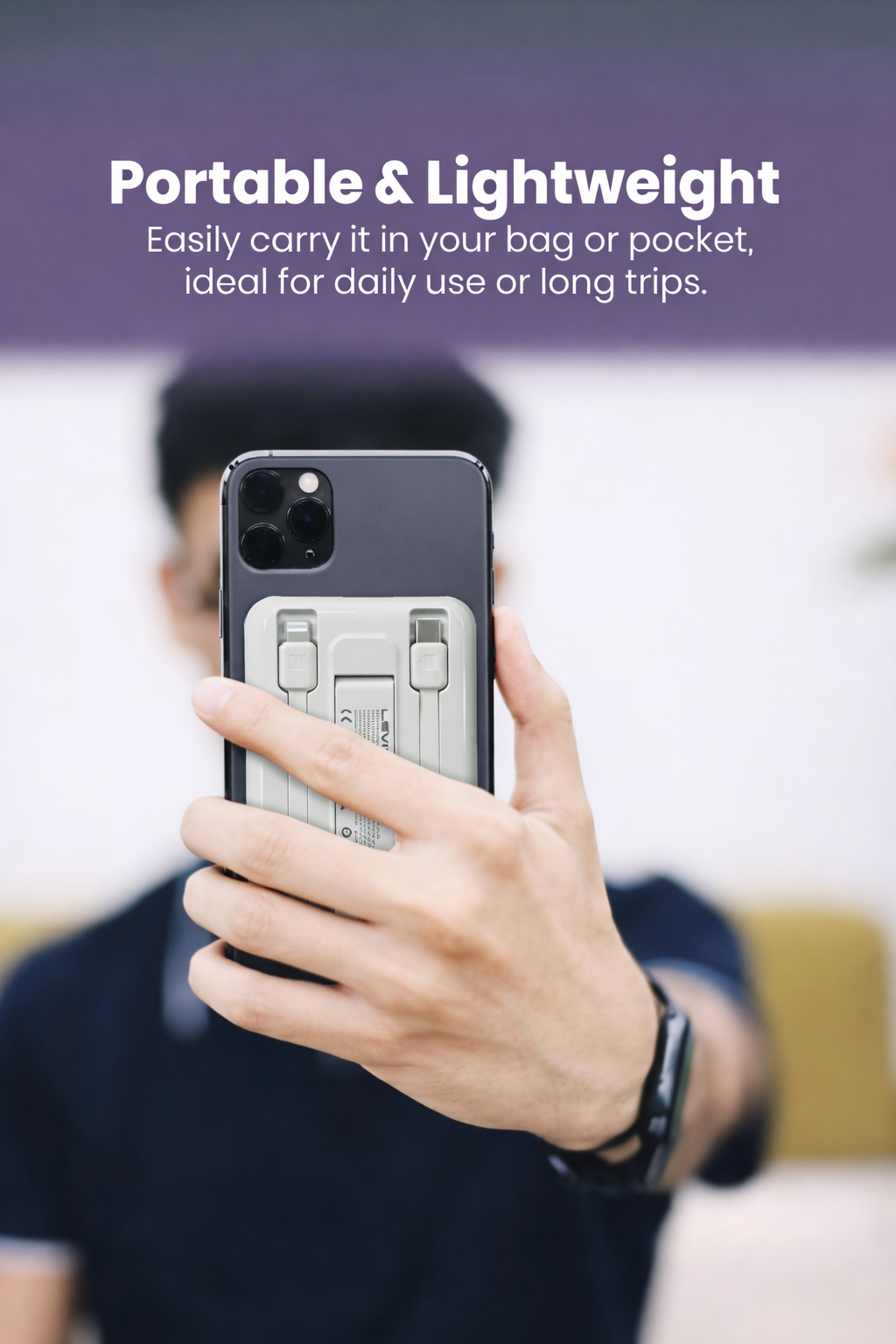 10000mAh Wireless MagSafe Power Bank with Built-in Cables - White