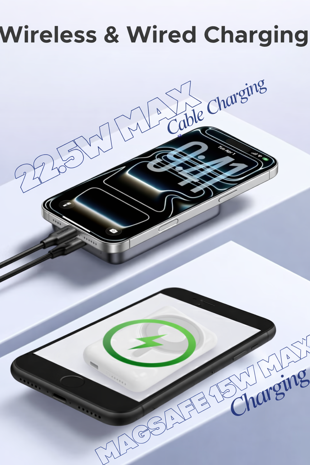 10000mAh Wireless MagSafe Power Bank with Built-in Cables - White