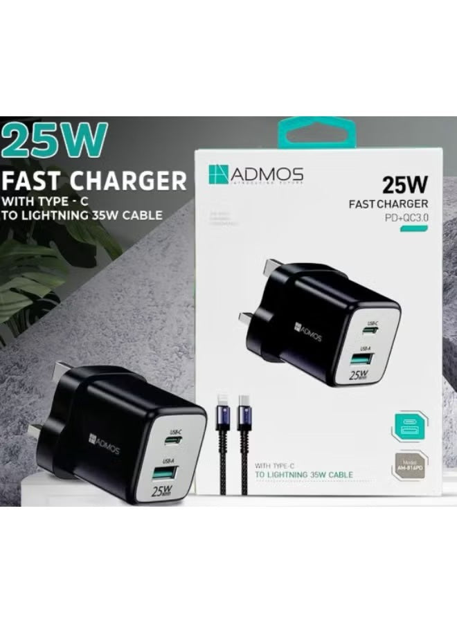 ADMOS 25W Fast Charger with Type-C to Lightning 35W Cable PD+QC3.0