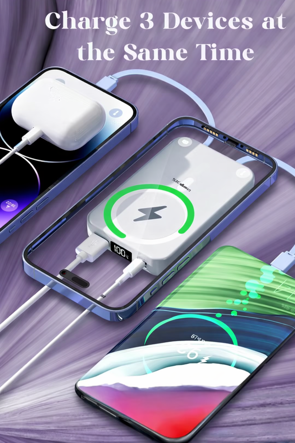 10000mAh Wireless MagSafe Power Bank with Built-in Cables - White