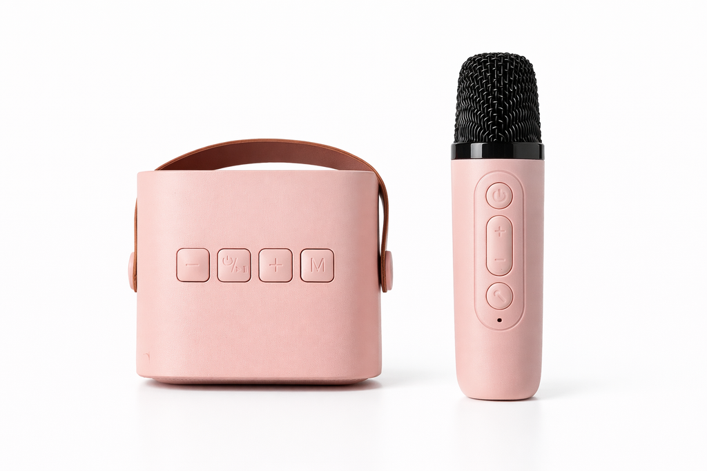 Portable Pink Bluetooth Speaker with Wireless Karaoke Microphone, Clear Sound, Rechargeable Battery, Perfect for Parties and Home Entertainment