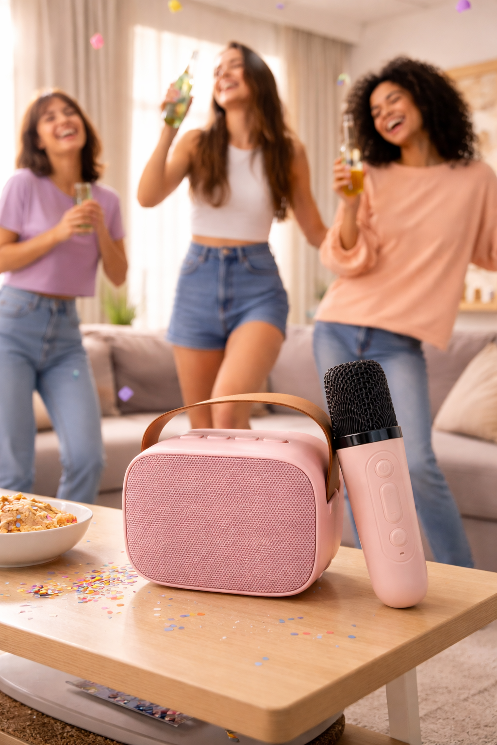 Portable Pink Bluetooth Speaker with Wireless Karaoke Microphone, Clear Sound, Rechargeable Battery, Perfect for Parties and Home Entertainment