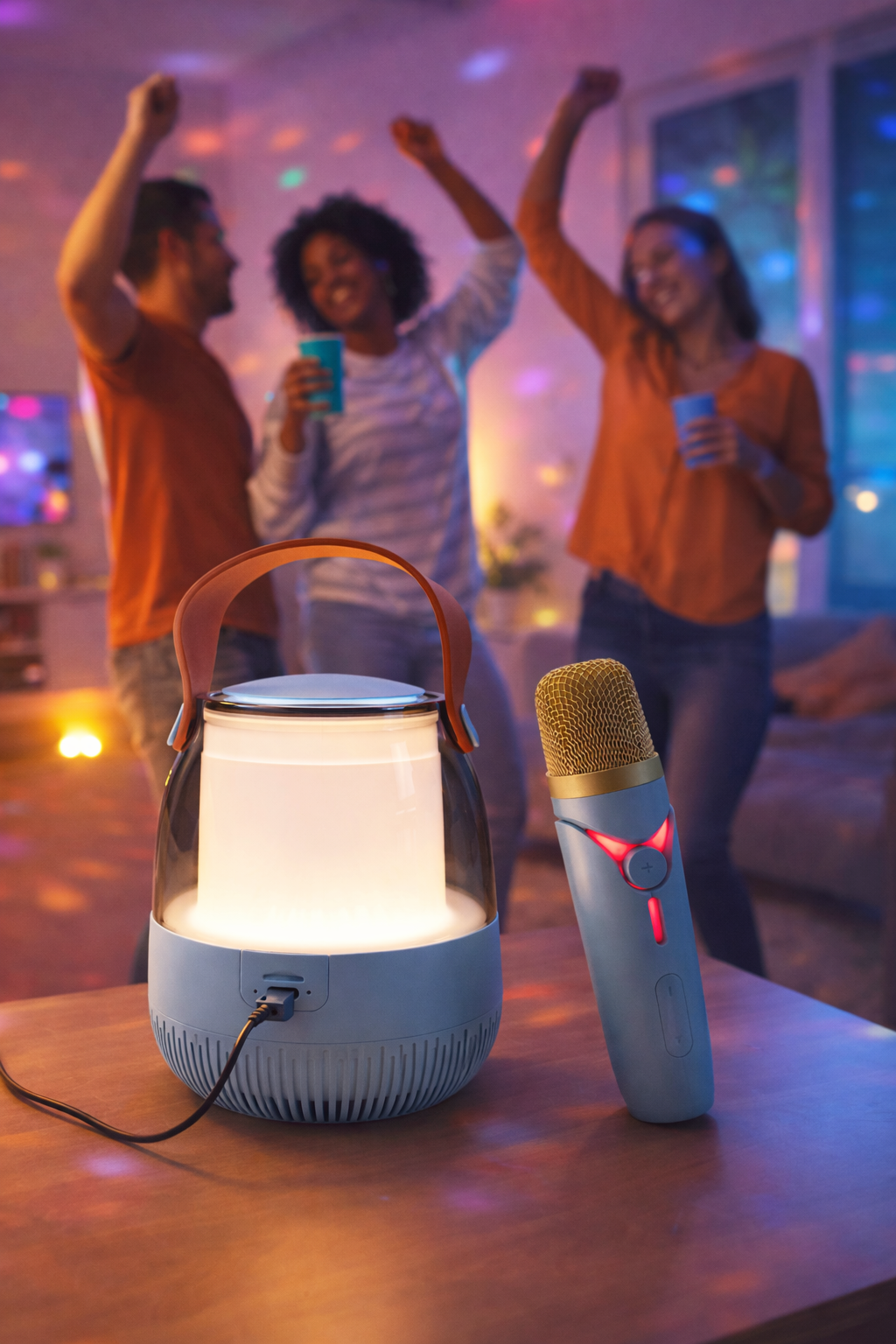 Portable Bluetooth Speaker with Wireless Karaoke Microphone, LED Light, Clear Sound, Rechargeable Battery for Home and Party Use