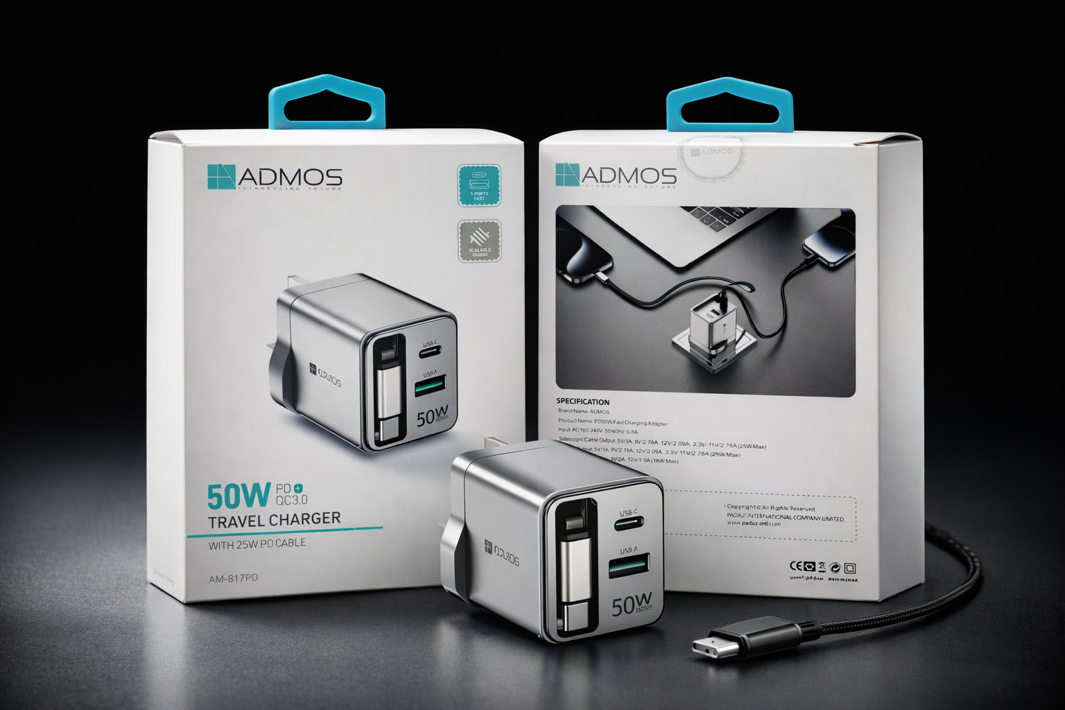 ADMOS 50W PD+QC3.0 Travel Charger with 25W PD Cable AM-317PU