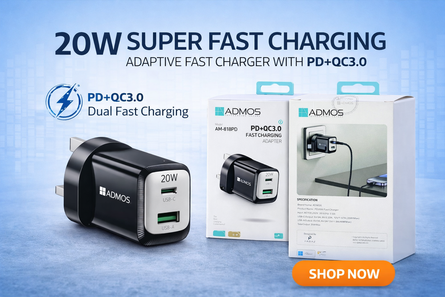 ADMOS 20W PD+QC3.0 Fast Charging Adapter AM-818PD