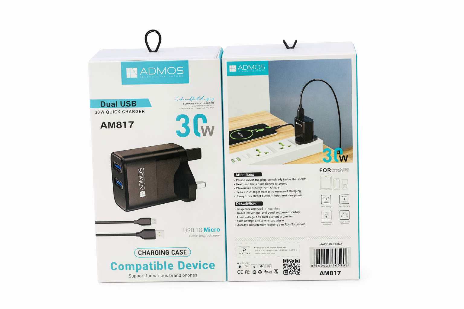 ADMOS 30W Dual USB Fast Charger AM817 with Micro USB Cable