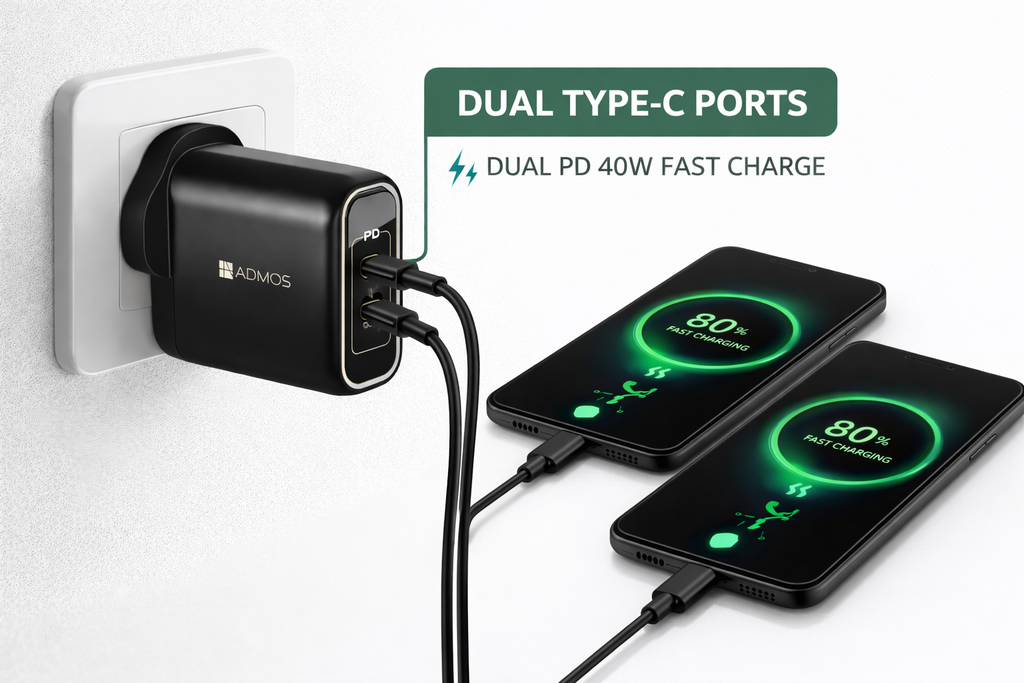 ADMOS 40W PD Dual USB-C Fast Charger with QC3.0