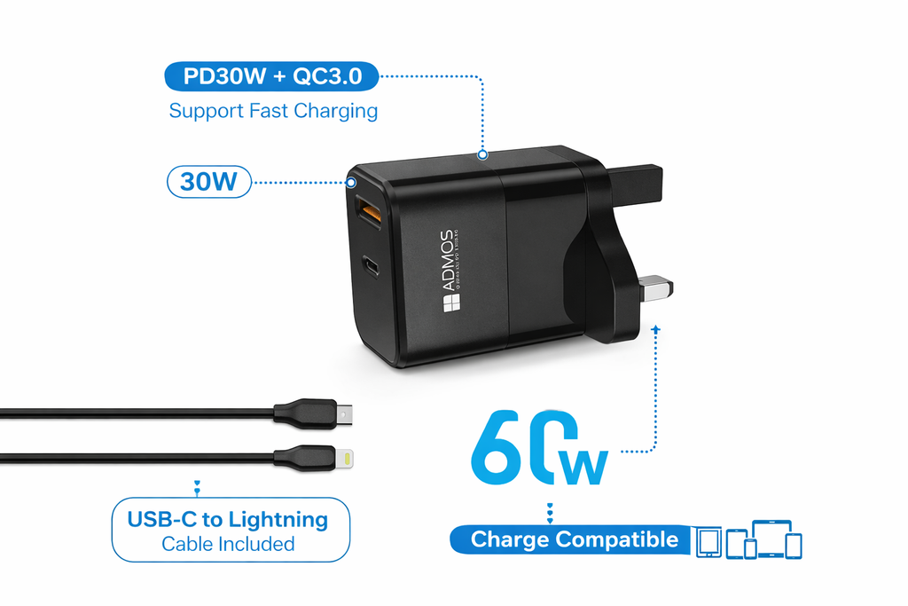 ADMOS PD30W QC3.0 Quick Charger with USB-C to Lightning Cable