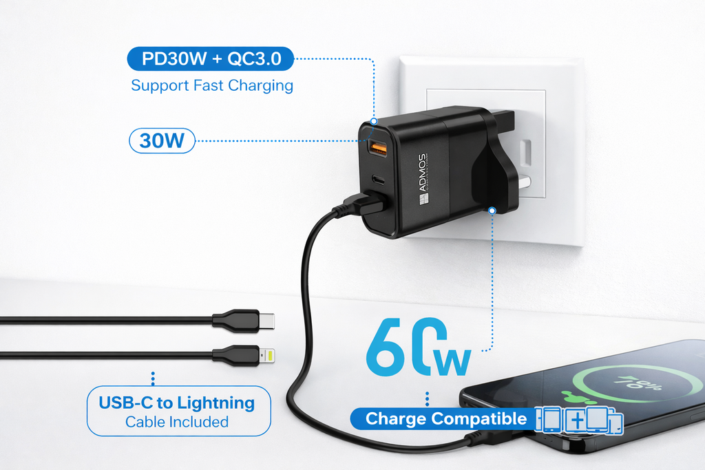 ADMOS PD30W QC3.0 Quick Charger with USB-C to Lightning Cable