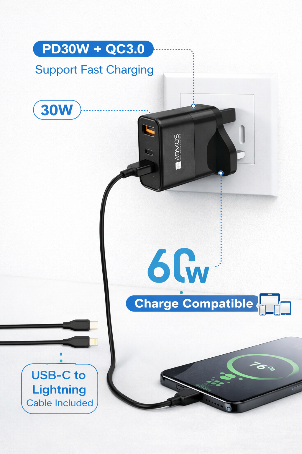 ADMOS PD30W QC3.0 Quick Charger with USB-C to Lightning Cable