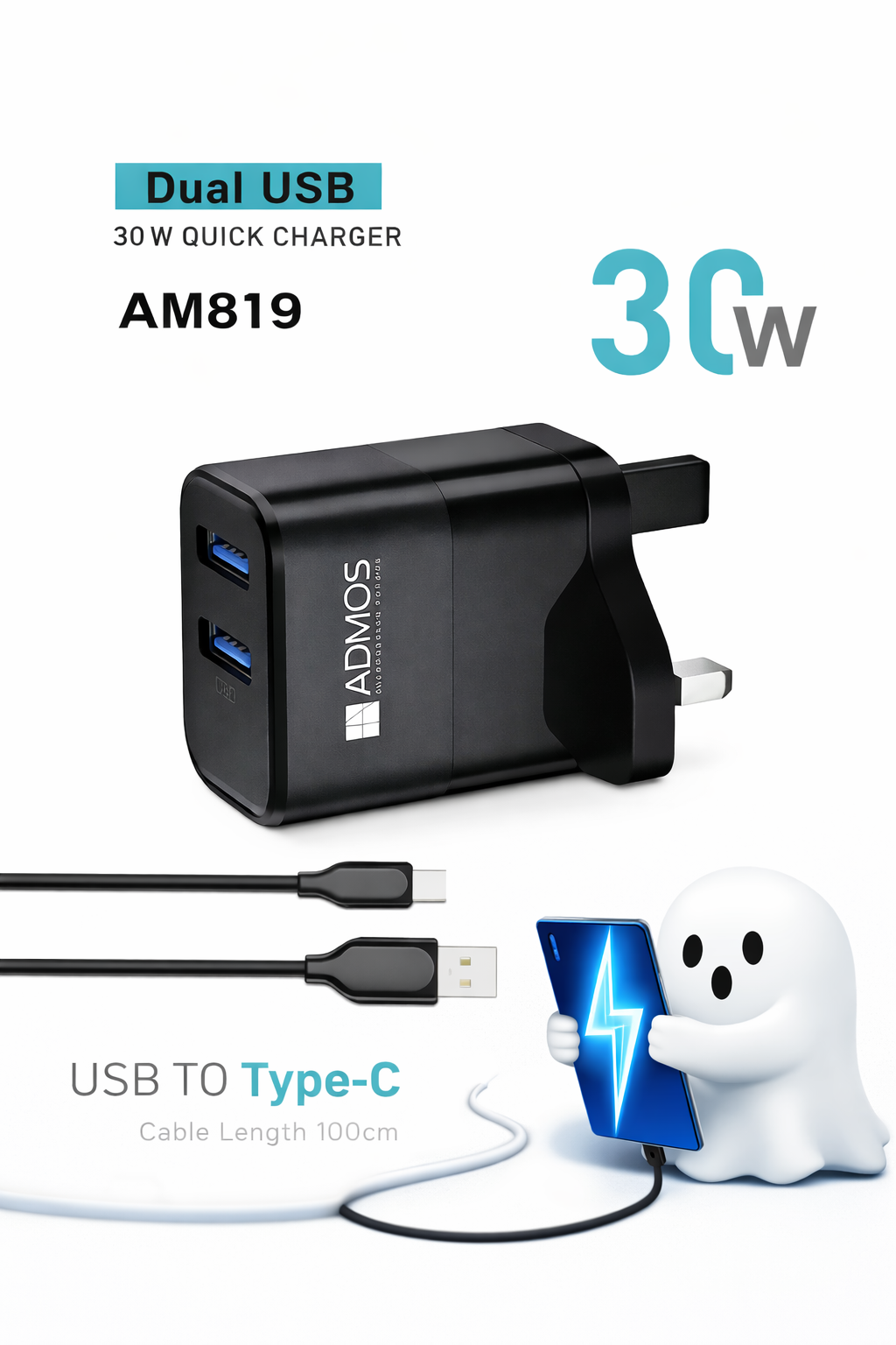 ADMOS 30W Dual USB Quick Charger AM819 with USB to Type-C Cable 100cm
