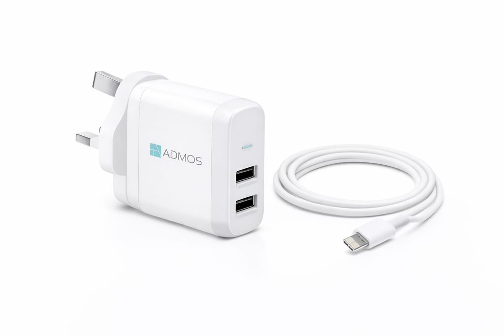 ADMOS Dual USB Fast Charger with Cable - White Edition