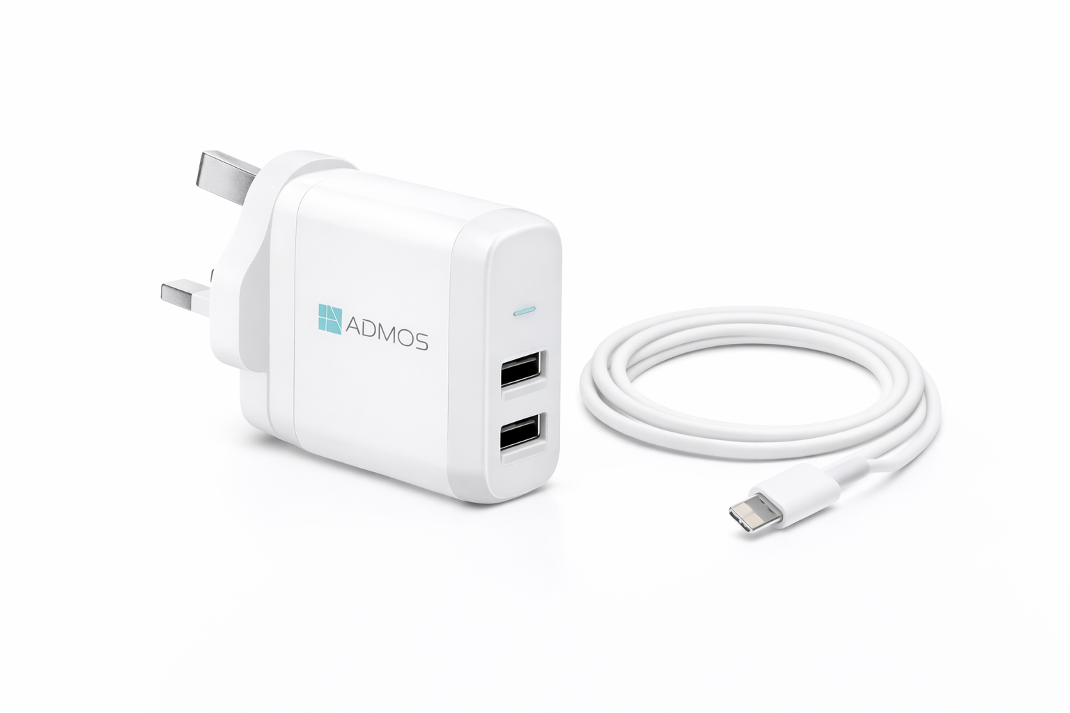 ADMOS Dual USB Fast Charger with Cable - White Edition