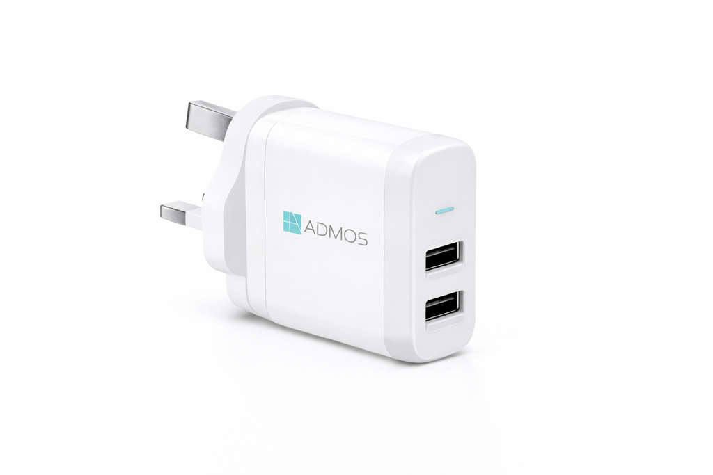 ADMOS Dual USB Fast Charger with Cable - White Edition
