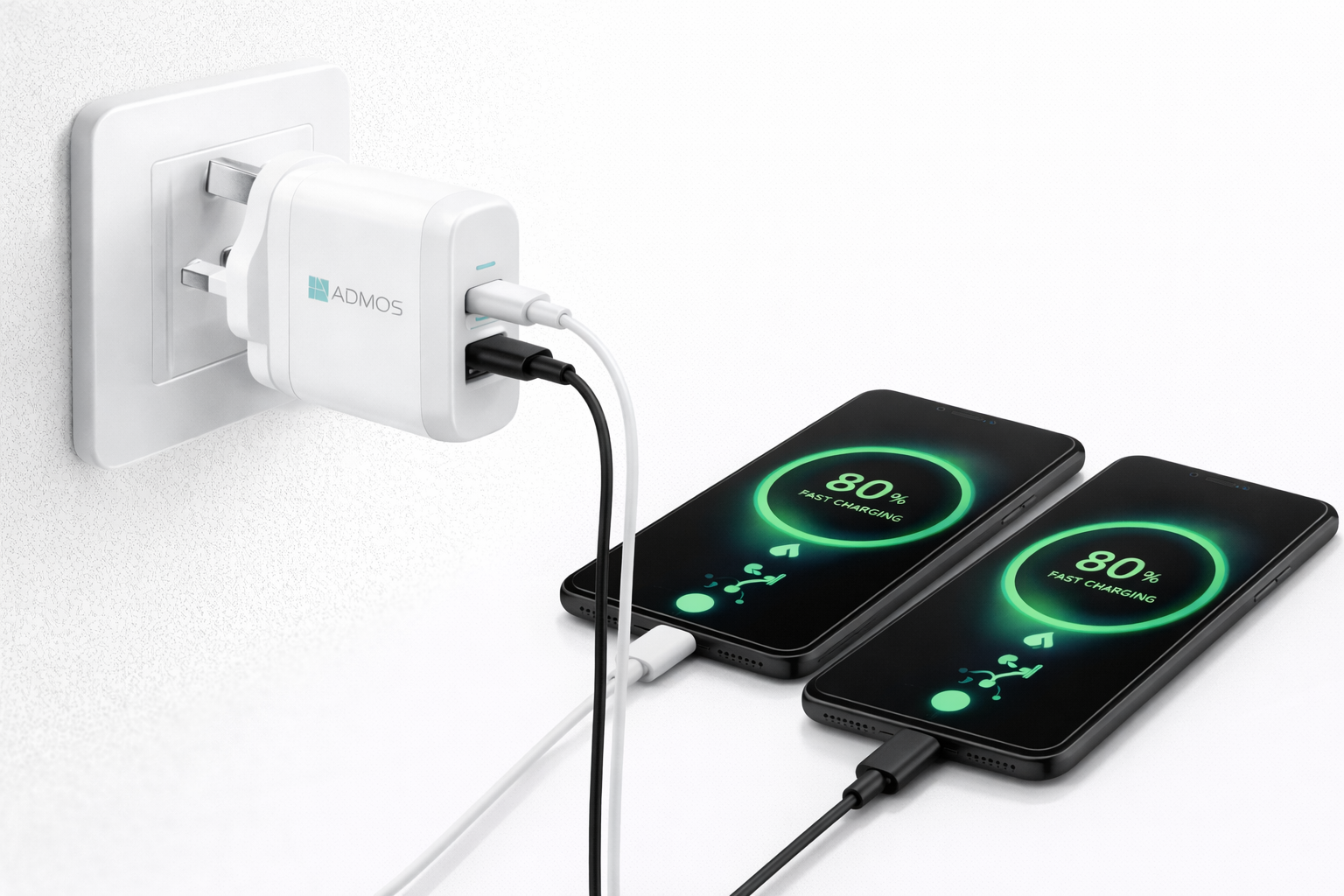 ADMOS Dual USB Fast Charger with Cable - White Edition