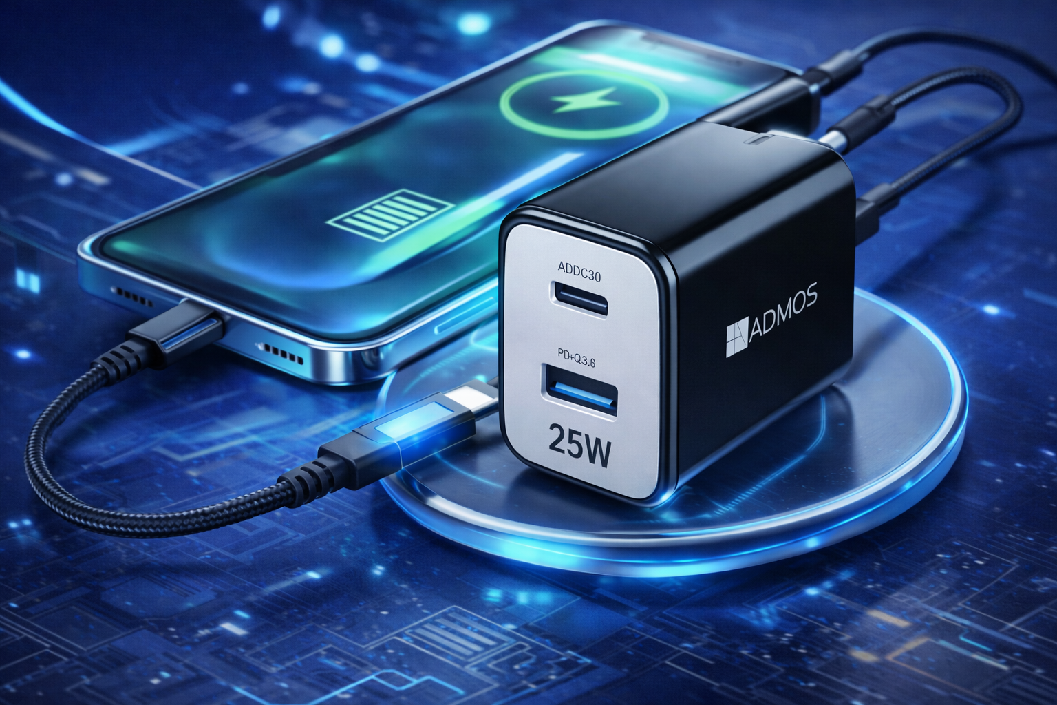 ADMOS 25W Dual Port Fast Charger - USB-C PD & QC 3.0