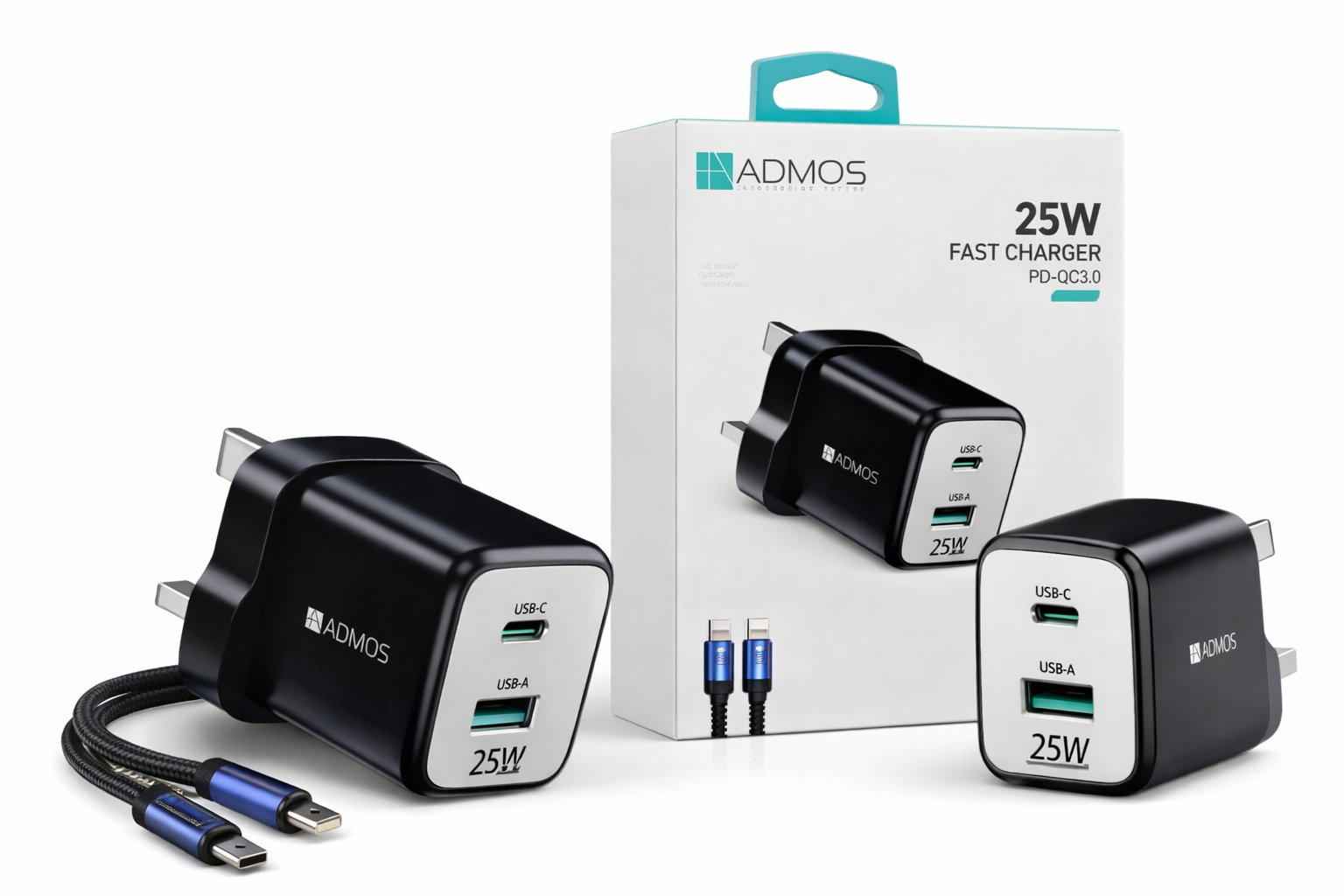 ADMOS 25W Fast Charger with Type-C to Lightning 35W Cable PD+QC3.0