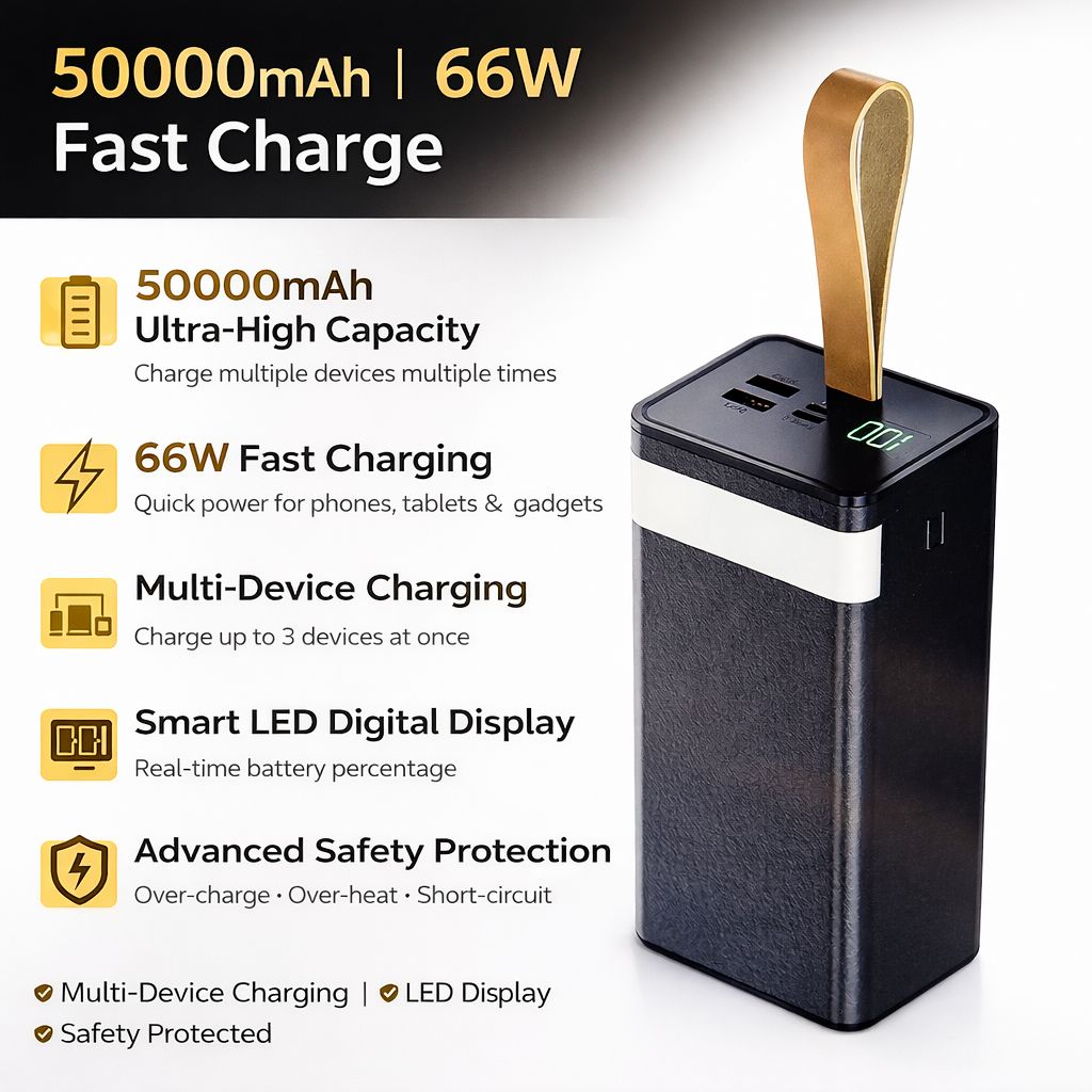 50000mAh 66W Fast Charge Power Bank with LED Display - Ultra High Capacity