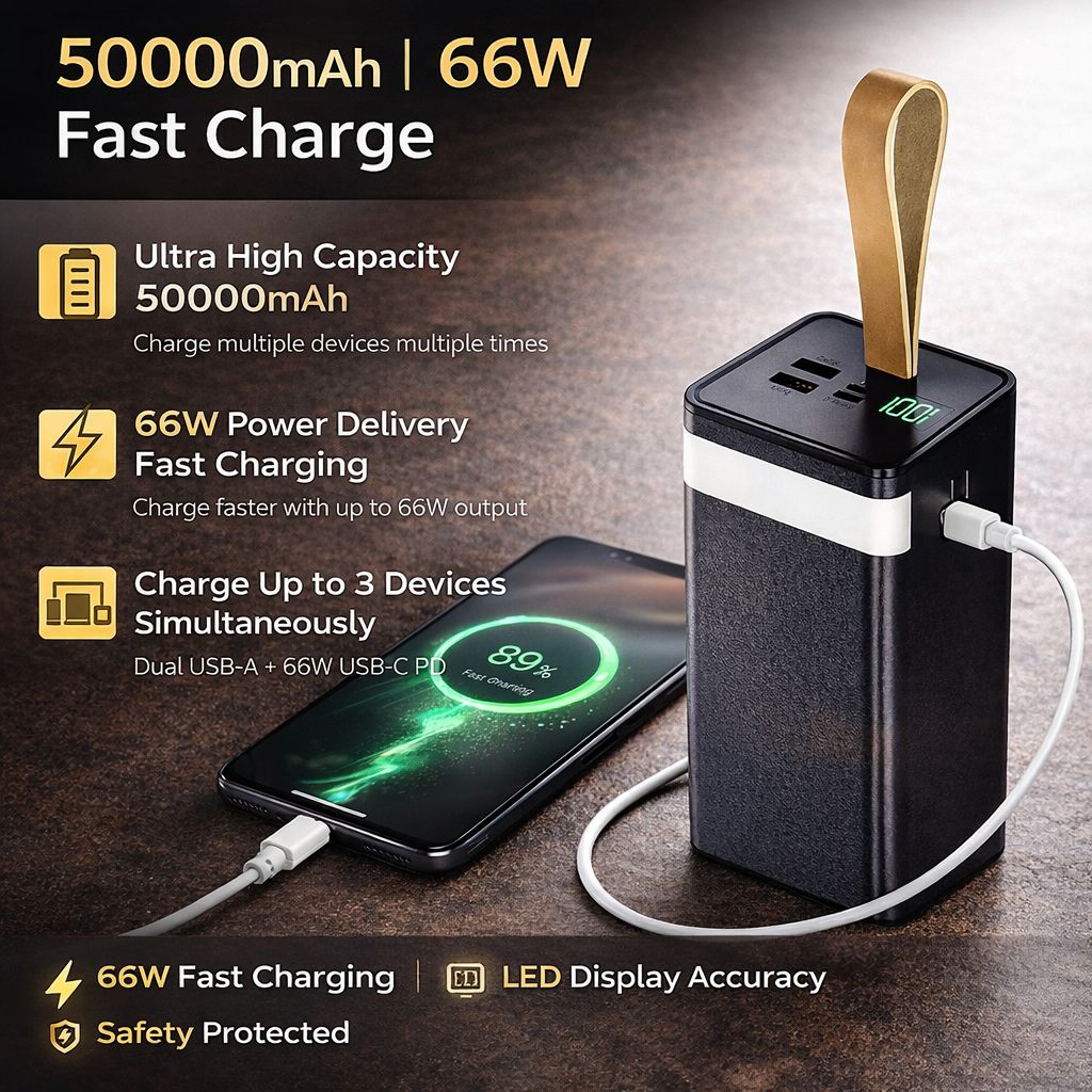 50000mAh 66W Fast Charge Power Bank with LED Display - Ultra High Capacity