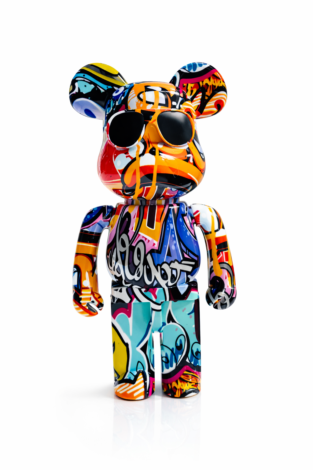 Colorful Graffiti Bear Art Figurine with Sunglasses, Designer Collectible Toy for Modern Home Décor and Gift Display