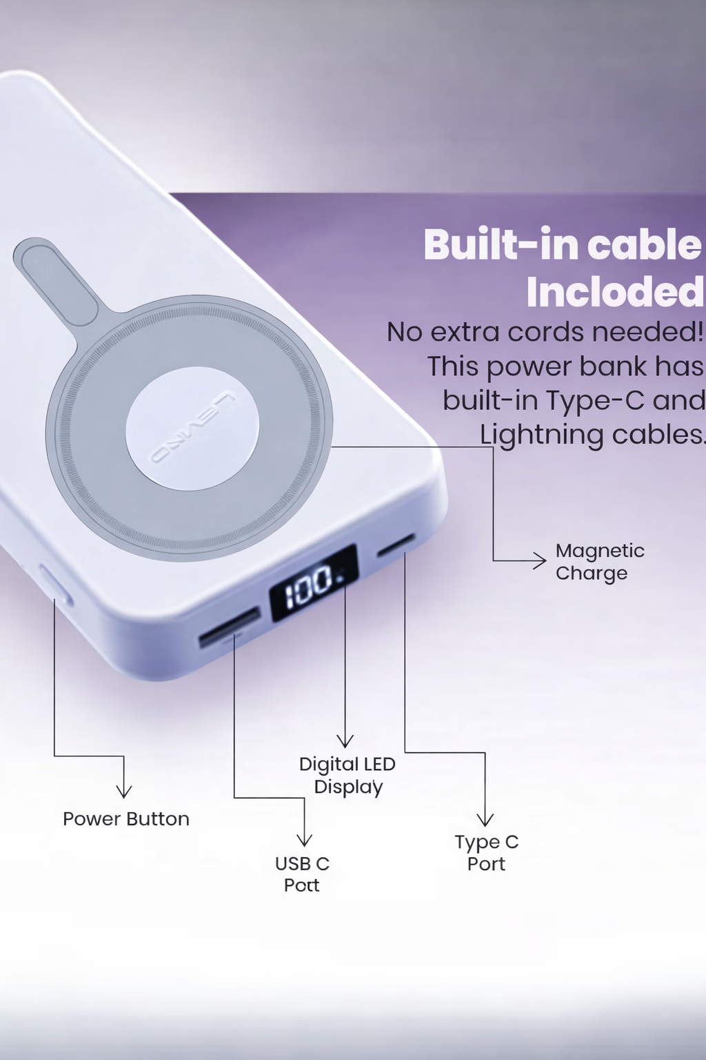 10000mAh Wireless MagSafe Power Bank with Built-in Cables - White