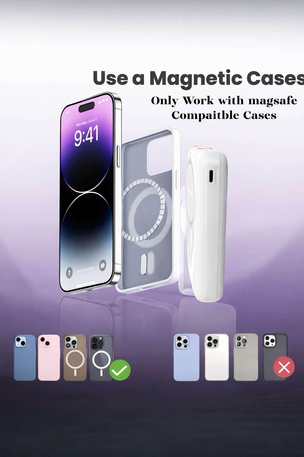 10000mAh Wireless MagSafe Power Bank with Built-in Cables - White